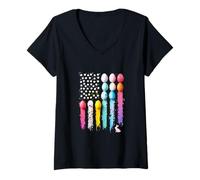 Femme Joli œuf de Pâques Drapeau américain avec Lapin T-Shirt avec Col en V