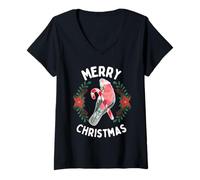 Femme Joyeux Noël Galah Perroquet sur Sucre d'orge Couronne de gui T-Shirt avec Col en V