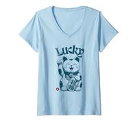 Femme Lucky Maneki Neko Agitant Le Chat Porte-Bonheur Japonais T-Shirt avec Col en V