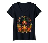 Femme Samhain Blessings Roue de sorcière païenne de l'année Wicca Wiccan T-Shirt avec Col en V