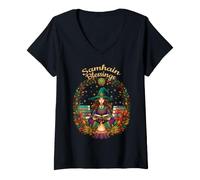 Femme Samhain Blessings Sorcière païenne Wicca Wiccan Roue de l'année T-Shirt avec Col en V