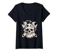 Femme Skull Mechanic Cross Tools Automotive Skull T-Shirt avec Col en V