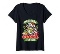 Femme Testeur de Biscuits Officiel pour Noël Raton Laveur T-Shirt avec Col en V