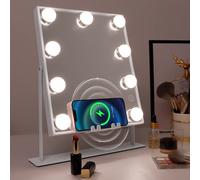 FENCHILIN 25 cm x 30 cm Haut-parleur musical rechargeable sans fil Miroir cosmétique avec lumière 9 ampoules avec lumières LED Miroir cosmétique Miroir de table Chambre à coucher Blanc La fonction de 