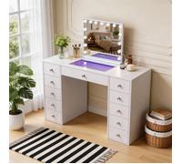 FENCHILIN Coiffeuse Avec Éclairage LED, 11 Tiroirs, Éclairage D'ambiance RGB, 130 × 55 × 81 Cm, Blanc (Miroir Inclus)