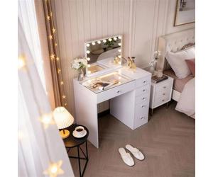 FENCHILIN Coiffeuse avec Miroir LED 6 Tiroirs Blanc 92 x 55 x 127 cm
