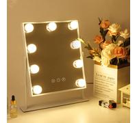 FENCHILIN Miroir de maquillage avec éclairage 9 lampes LED à intensité variable Miroir en bois de houx Miroir de maquillage lumineux rotatif à 360° Miroir cosmétique avec lumière 3 couleurs de lumière