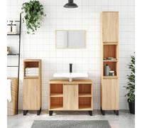 Fengshui Armoire de salle de bain en bois de chêne Sonoma 80 x 33 x 60 cm | 1 compartiment de porte, 4 compartiments ouverts, pieds en fer, style industriel, montage de porte flexible
