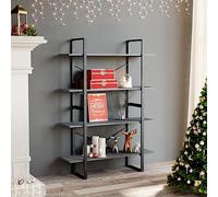 Fengshui Bibliothèque industrielle en pin massif, 4 étagères, gris, 100 x 30 x 140 cm, beaucoup d'espace de rangement pour livres et décoration