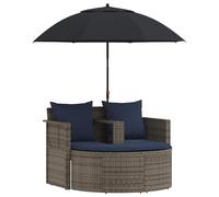 Fengshui Canapé de jardin avec coussins, 8 pièces, gris et bleu marine | Résistant aux intempéries, avec parasol avec mécanisme d'inclinaison, banc, tabouret demi-rond, 3 coussins d'assise