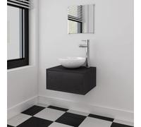 Fengshui Ensemble de meubles de salle de bain 4 pièces avec lavabo et robinet, meuble bas mural, miroir, lavabo en céramique, mitigeur noir, en bois et chromé