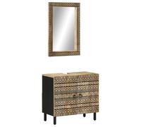 Fengshui Lot de 2 meubles de salle de bain en bois de manguier massif avec meuble sous lavabo et miroir mural, miroir transparent, pieds en fer pour plus de stabilité, beaucoup d'espace de rangement
