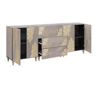 Fengshui Lot de 3 armoires de salle de bain en bois de manguier gris doré | Montage mural, design sérigraphié doré, boutons en laiton, compartiments spacieux, style moderne