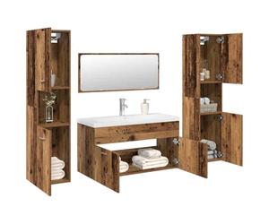 Fengshui Lot de 5 meubles de salle de bain aspect bois vieilli avec lavabo, armoire de salle de bain, fonction trop-plein, robinet et vidage, robinet d'eau chaude et froide