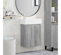 Fengshui Meuble de lavabo avec robinet gris Sonoma | bois, bassin en céramique, bonde poussoir, montage mural, porte réversible