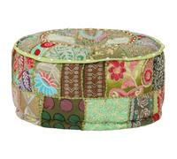 Fengshui Pouf rond en coton fait à la main en patchwork Vert 40 x 20 cm | Design vintage, broderie exotique, style indien, doux et confortable, pour canapé et fauteuil