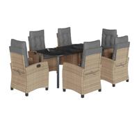 Fengshui Salon de salle à manger 7 pièces en polyrotin avec coussins beige | Dossier réglable, table en verre trempé, housse amovible, lavable, charge maximale de 110 kg