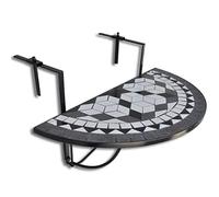Fengshui Table suspendue semi-circulaire en mosaïque noire et blanche | Pour balustrades de balcon jusqu'à 18 cm d'épaisseur, support en fer, pliable, plateau de table en mosaïque en céramique