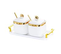 Fenteer Récipient en Porcelaine pour Condiments, Boîte à épices, Contenant pour Sucre et Sel avec Cuillère, 2 Pots d'or