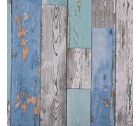 FENTIS Gris et Bleu Panneau de Bois Papier Peint Décoller et Coller Film Vinyle Autocollant Papier de Contact Sticker Mural pour Salon Porte Plan de Travail Imperméable 44.5x500cm