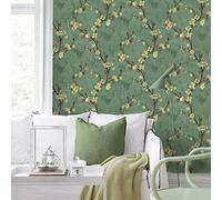 FENTIS Papier Peint Vert Fleur Jaune et Feuille Rouge Papier de Contact Autocollant Vintage Amovible dos Adhésif Film Vinyle Imperméable pour Meubles Chambre à Coucher 44,5x500cm
