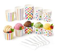 FePen Gobelets à Glace en Papier 180 ml avec Cuillères, 5 Motifs | Coupelles à Dessert Jetables pratiques Papierpour Glace, pour glaces, desserts, fruits, snacks fêtes, mariages et buffets(50)