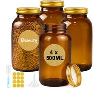 Ferenando 4 Pcs 500ml Marron Bocal en Verre avec Couvercles Hermétiques | Bocaux en Verre Brun avec Brosse, Autocollants & Entonnoir, Bocaux de Rangement en Verre pour Épices, Café, Thé, Herbes, Noix
