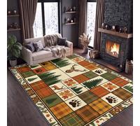 Ferme Rustique Tapis Salon 80x150 cm Lavable en Machine Ton Terre Vintage | Classique Vintage Carreaux Forêt Cabane Sapin Antidérapant Tapis Chambre Adulte Descente de Lit Salle Manger Bureau Poil Ras