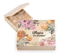 Ferocity Coffret à thé en bois personnalisé avec nom YOUR TEXT 20,5 x 23,5 cm Boîte de rangement pour sachets de thé avec 6 compartiments avec design personnalisé UV Teatime [160]