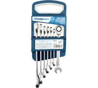 Ferrestock FSKLLG007 set de 7 clés à cliquet fixes, en chrome-vanadium de haute qualité, satiné, cliquet de 72 dents, support inclus