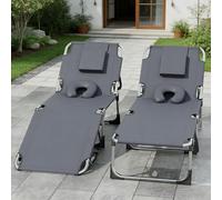 Ferzone 2 Pcs Jardin Chaise Longue 190x63x30cm, Transat Jardin Extérieur Pliable Capacité 150kg, Bain de Soleil Dossier Réglable, Transat Plage Appuie-tête Pochette pour Terrasse Camping, Gris Foncé