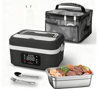 Fesatccoz 1L Gamelle Chauffante Batterie avec Minuterie, Lunch Box Chauffante Electrique en Acier Inox, Boite Chauffante Repas avec 6 Niveaux de Température et Ecran LED pour Voiture Bureau Chantier