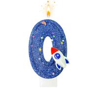 Fesnova Bougie chiffre 0 bleu foncé - Décoration de gâteau de l'espace pour | Bougie pailletée 0 avec fusée, étoiles et pied enfichable, 7,5 x 4 cm, décoration de gâteau spatiale pour anniversaire