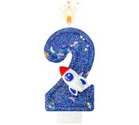 Fesnova Bougie chiffre 2 bleu foncé - Décoration de gâteau de l'espace pour | Bougie pailletée 2 avec fusée, étoiles et pied enfichable, 7,5 x 4 cm, décoration de gâteau spatiale pour anniversaire