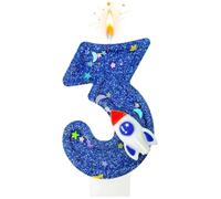 Fesnova Bougie chiffre 3 bleu foncé - Décoration de gâteau spatiale pour | Bougie pailletée 3 avec fusée, étoiles et pied enfichable, 7,5 x 4 cm, pour anniversaire d'enfant, fête prénatale et