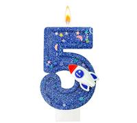 Fesnova Bougie chiffre 5 bleu foncé, décoration de gâteau spatiale pour | Bougie d'anniversaire pailletée 5 avec fusée, étoiles et pied enfichable, 7,5 x 4 cm, décoration de gâteau pour 5e