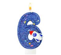 Fesnova Bougie chiffre 6 bleu foncé - Décoration de gâteau spatiale pour | Bougie d'anniversaire pailletée 6 avec fusée, étoiles et pied enfichable, 7,5 x 4 cm, décoration de gâteau pour 6e