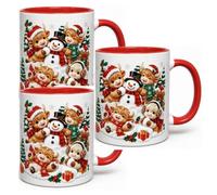 Festive Christmas Highland Cow and Snowman Ceramic Mug 11oz Accent Coffee | Handle Holiday Cup with Vivid Winter Print Microwave Dishwasher Safe Gift for Women Cow Lovers Hot Beverages(3pcs)