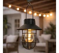 Festive Lights Lanterne solaire à suspendre de 21 cm avec LED effet filament blanc chaud - Aspect métal rustique antique, certifié IP44, éclairage de jardin décoratif extérieur (1, Noir)