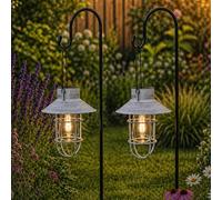 Festive Lights - Lot de 2 lampes solaires d'extérieur de 71 cm avec lanternes suspendues - LED blanc chaud effet filament, aspect métal rustique antique, indice IP44, finition cage grise, panneaux