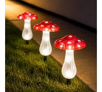 Festive Lights Lot de 3 lampes solaires sur piquet de jardin en forme de champignon - Hauteur 19 cm, 10 LED rouges et blanches, indice IP44, décoration extérieure - Parterres de fleurs et allées