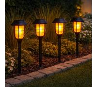 Festive Lights - Lot de 4 lampes solaires de jardin à énergie solaire effet flamme - 12 LED SMD ambre par lanterne - IP44 - Batterie rechargeable - Bordure de pelouse extérieure - Décoration d'allée