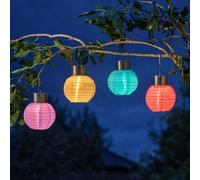 Festive Lights - Lot de 4 Lanternes Chinoises Solaires de Jardin - Hauteur 11cm - Multicolore Nylon - LED Blanc Chaud - IP44 - Suspension Extérieure pour Arbres & Arbustes - Panneau Rechargeable