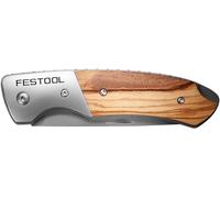 Festool KN-FT1 Couteau Pliant de Travail - Manche Bois d'Olivier | Lame inox drop-point 8,5 cm - Longueur totale 20 cm - Design ambidextre - Profil V-grind tranchant