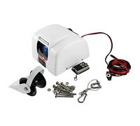 Fetcoi Guindeau électrique 12 V, blanc, 11 kg, eau salée, télécommande, câble d'ancrage tressé de 100 ft, câble de batterie de 17 pouces, avit à rouleau séparé