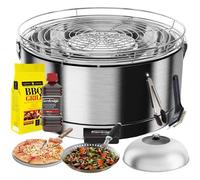 Feuerdesign ¿ Mayon Grill En Acier Inoxydable ¿ Kit Avec Combustible D Allumage + Charbon De Bois 3 Kg + Pince + Pierre À Pizza + Dôme Inox + Poêle À Légumes + Brosse De Nettoyage