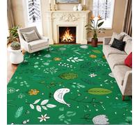 Feuille Oiseau Fleur Doux Tapis Salon 80 x 150 cm, Blanc Vert Cartoon Illustration Lavable Antidérapant Poil Ras Tapis, pour Chambre à Coucher Salle à Manger Bureau
