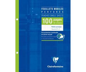 Feuillets mobiles sous étui 17x22 cm 100 pages perforées 2 trous petits carreaux