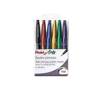 Feutre pinceau pentel arts pointe souple 2,07mm trait 0,3-0,7mm encre aquarellable coloris assortis pochette 6