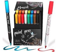 Feutres Aquarelle Pointe Pinceau, 8 Couleurs Métalliques et 8 Couleurs de Base. Set Peinture sur Pierre, Calligraphie, Scrapbooking, Lettering, Croquis, Dessin sur Papier Noir, Album Photo DIY
